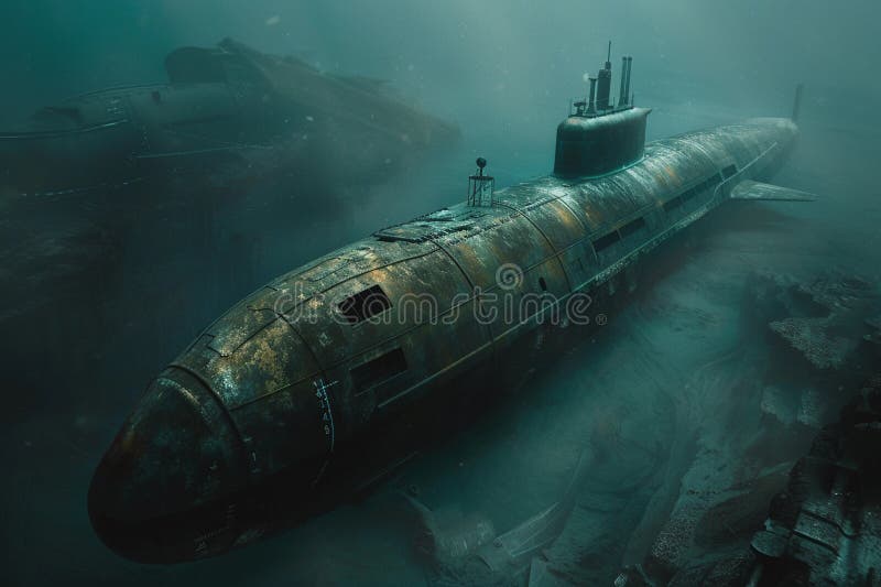 Gran submarino hermoso flotando en medio del océano durante la misión stock de ilustración