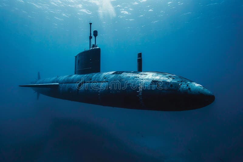 Gran submarino hermoso flotando en medio del océano durante la misión ilustración del vector