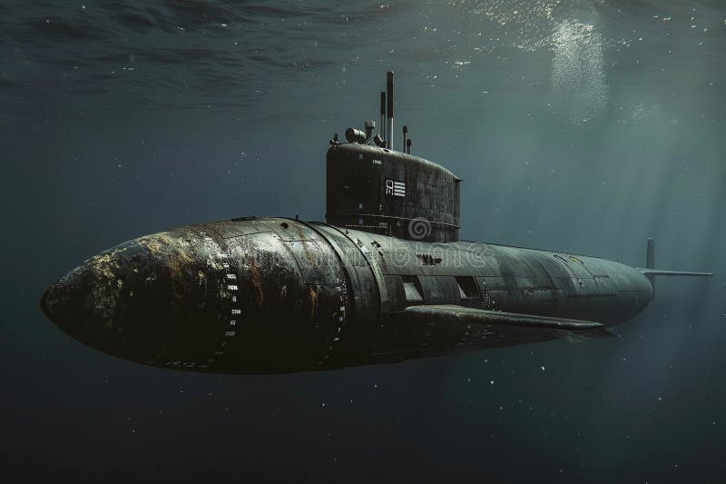 Gran submarino hermoso flotando en medio del océano durante la misión stock de ilustración