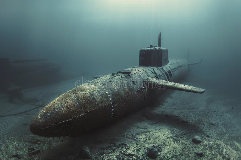 Gran submarino hermoso flotando en medio del océano durante la misión stock de ilustración