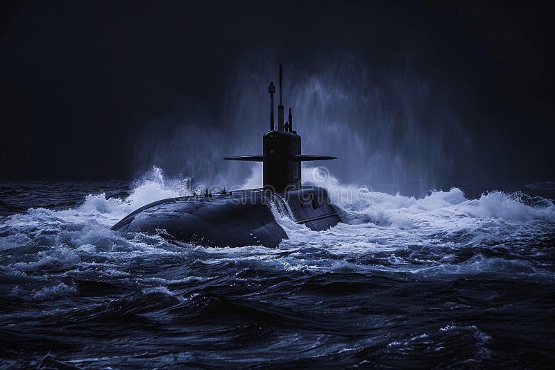Gran submarino hermoso flotando en medio del océano durante la misión stock de ilustración