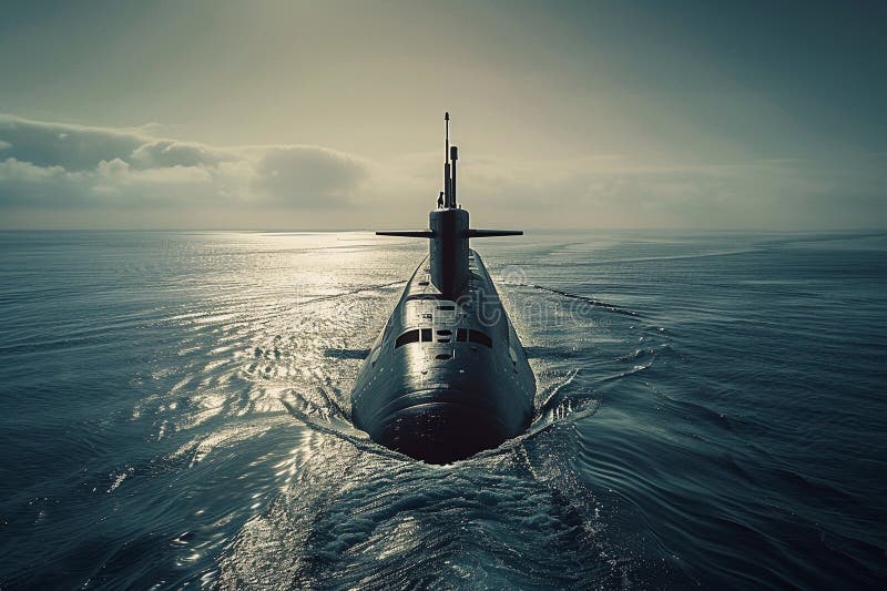 Gran submarino hermoso flotando en medio del océano durante la misión stock de ilustración