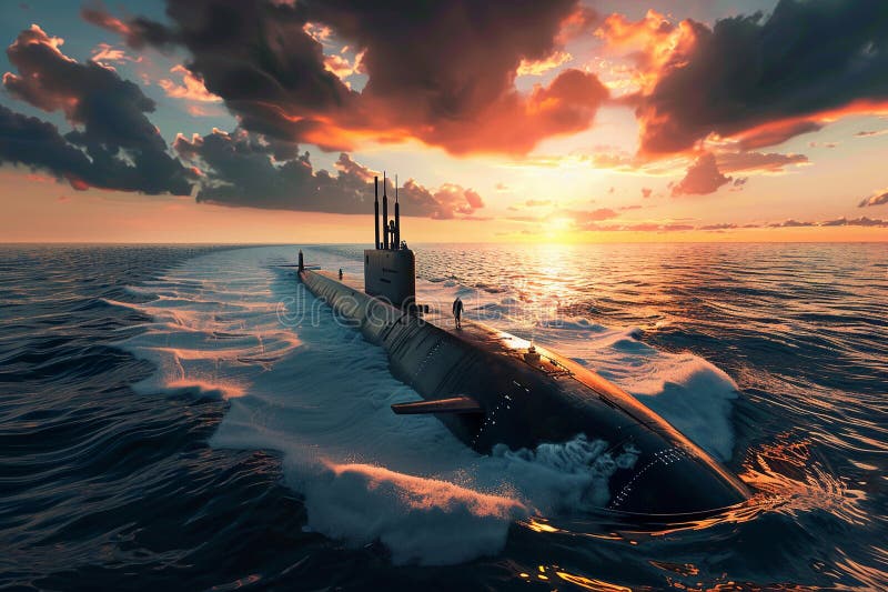 Gran submarino hermoso flotando en medio del océano durante la misión ilustración del vector