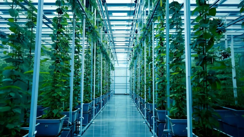 Gran toma de hileras de plantas verdes que crecen en macetas en un invernadero moderno ilustración del vector