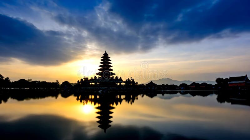 Gran toma de la Pagoda al atardecer reflejada en el agua bajo un cielo nublado stock de ilustración