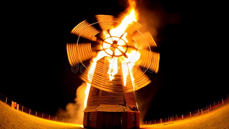 Gran toma de un molino de viento envuelto en llamas contra un oscuro cielo nocturno libre illustration