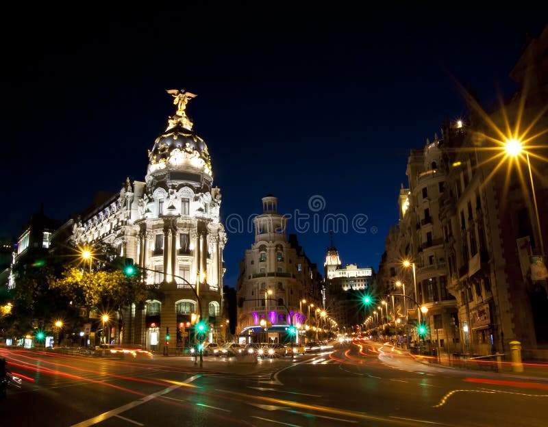 Gran via street in Madrid, Spain at night.