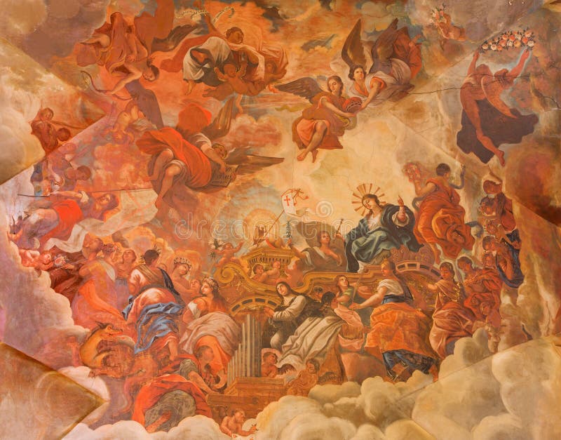 Granada - de plafondfresko toont de Glorie van lam van God in Basiliek San Juan de Dios stock afbeelding Granada - de plafondfresko toont de Glorie van lam van God in Basiliek San Juan de Dios stock afbeelding
