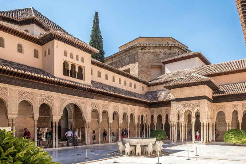 View at the Patio with Lions fountain in Alhambra center of Granada in Spain