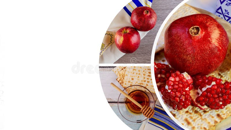Granatäpple, äpple och honung, traditionell mat av judisk beröm för nytt år, Rosh Hashana Shofar- och tallitCopyspace backgroun arkivfoton Granatäpple, äpple och honung, traditionell mat av judisk beröm för nytt år, Rosh Hashana Shofar- och tallitCopyspace backgroun arkivfoton
