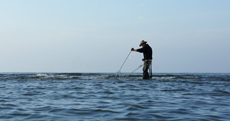 Granchi di caccia del pescatore nella riva di mare immagine stock libera da diritti Granchi di caccia del pescatore nella riva di mare immagine stock libera da diritti