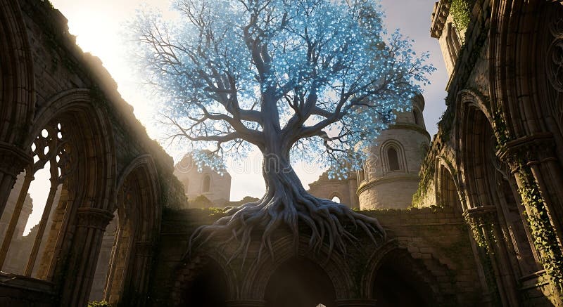 A grand, ancient tree with striking light blue leaves and extensive roots dominates royalty free illustration