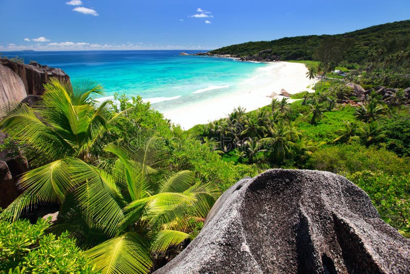 Aerial view of beautiful Grand Anse beach on La Digue island in Seychelles. Seychelles stock images, royalty-free photos and pictures