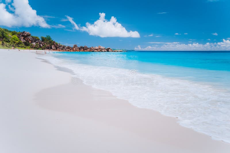 Grand Anse long sandy beach at La Digue island, Seychelles. Holiday vacation travel destination