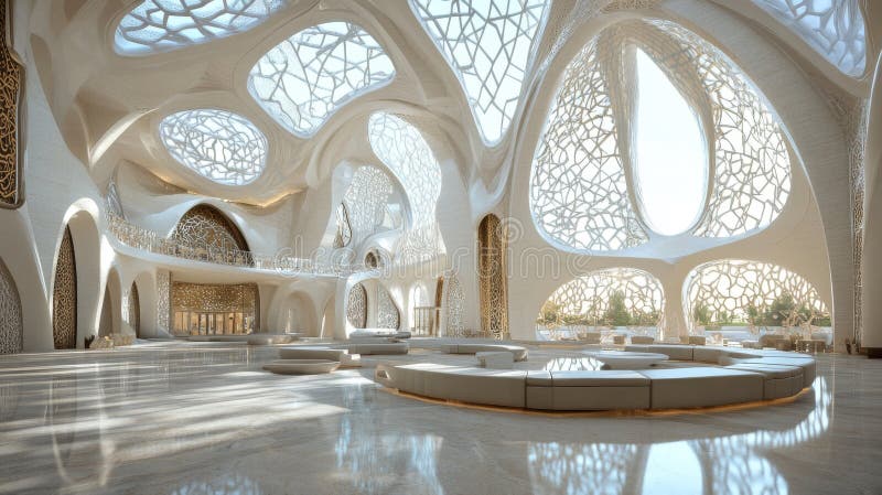 Grand Arched Passageway with Complex Design Features and Reflective Elements.