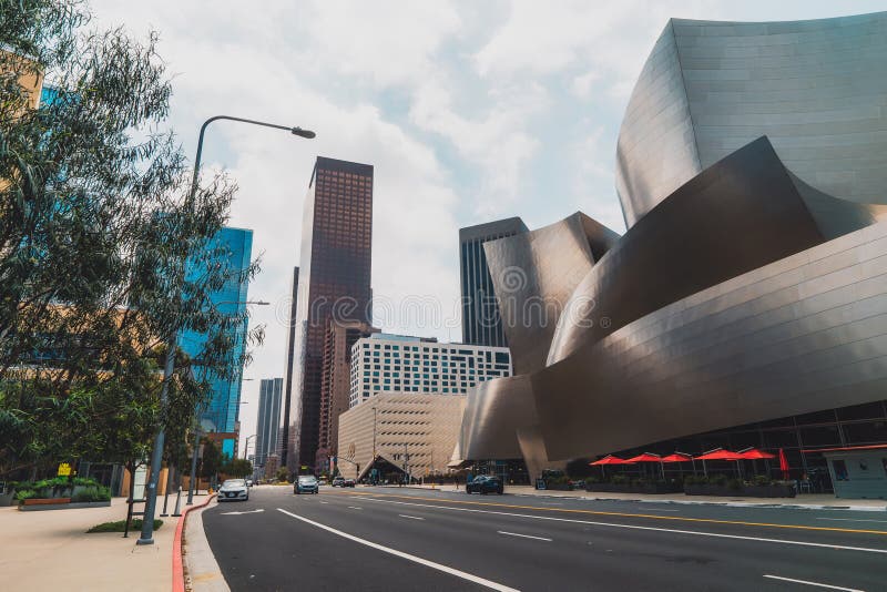 Grand Avenue in downtown City of Los Angeles. The Wall Disney Concert Hall and The Broad, a contemporary art museum , street view