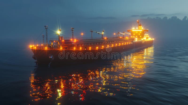 Grand cargo illuminé la nuit sur des eaux calmes près d'une zone côtière pendant le crépuscule. ai génératif. Un cargo avec des lumières brillantes navigue dans des eaux calmes pendant le crépuscule reflétant les couleurs à la surface tout en étant entouré d'une atmosphère brumeuse. ai généré