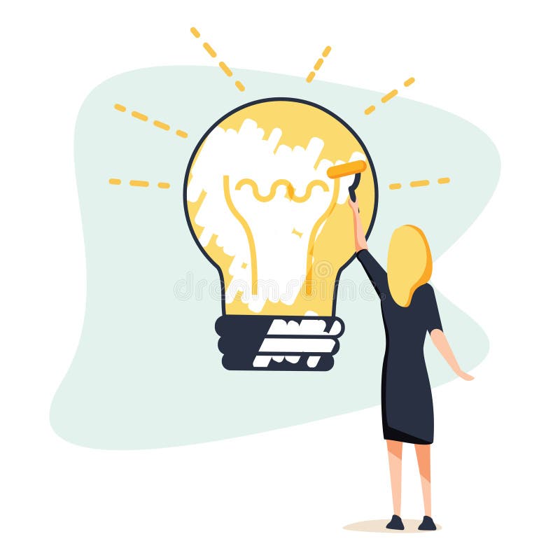 Grand concept d'idée La femme d'affaires dessine la grande ampoule sur le mur Symbole de nouveaux découvertes et startap Calibre illustration libre de droits Grand concept d'idée La femme d'affaires dessine la grande ampoule sur le mur Symbole de nouveaux découvertes et startap Calibre illustration libre de droits