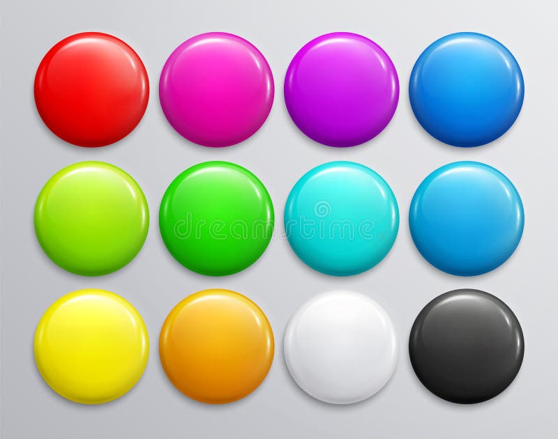 Grand ensemble d'insigne ou de bouton brillant coloré 3d rendent Goupille en plastique ronde, emblème, label volontaire Vecteur