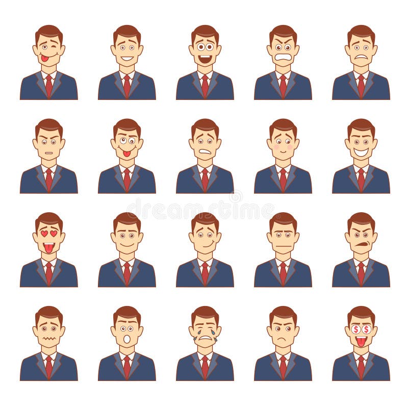 Large set of male emotions including happiness delight anger sorrow frustration love lust greed confusion argumentative stupidity worry friendliness on a businessman vector illustration. Large set of male emotions including happiness delight anger sorrow frustration love lust greed confusion argumentative stupidity worry friendliness on a businessman vector illustration