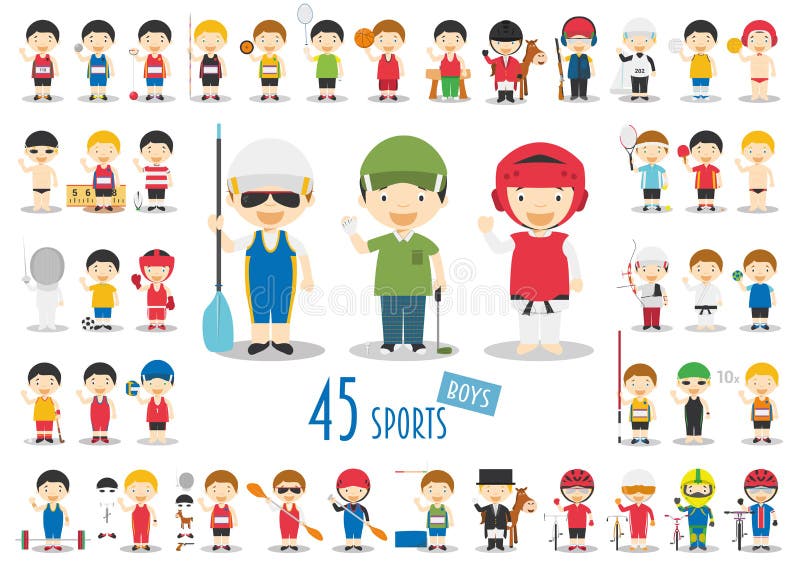 Grand ensemble de 45 caractères mignons de sport de bande dessinée pour des enfants Garçons drôles de bande dessinée illustration libre de droits Grand ensemble de 45 caractères mignons de sport de bande dessinée pour des enfants Garçons drôles de bande dessinée illustration libre de droits