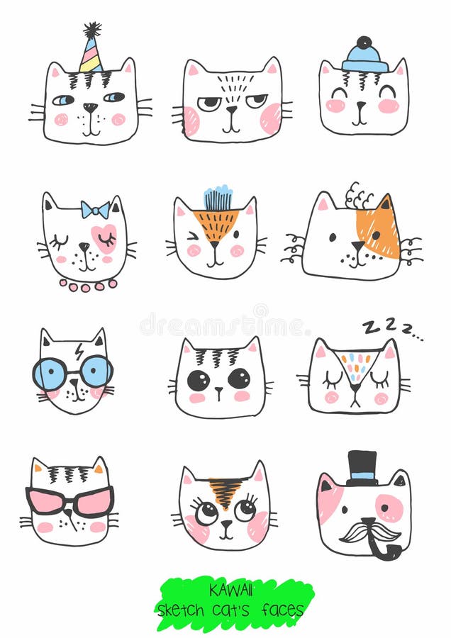 Grand ensemble de kawaii de chats doux mignons de griffonnage, caractères de croquis, tirés par la main, émotions d'ith de visage illustration de vecteur Grand ensemble de kawaii de chats doux mignons de griffonnage, caractères de croquis, tirés par la main, émotions d'ith de visage illustration de vecteur