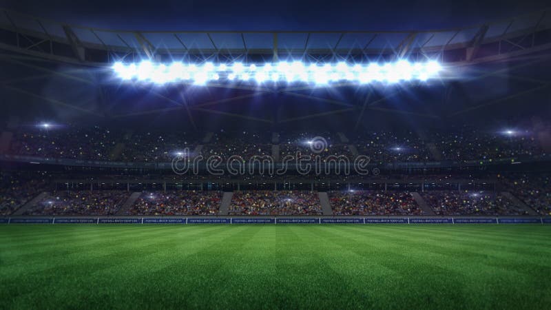 Grand football stadium middle view illuminated by spotlights and empty green grass