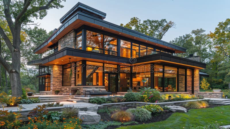 Large House Overlooking Lake stock photo