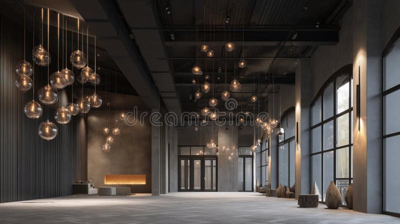 Grand Modern Hall Interior con mura di pietra scure illustrazione di stock