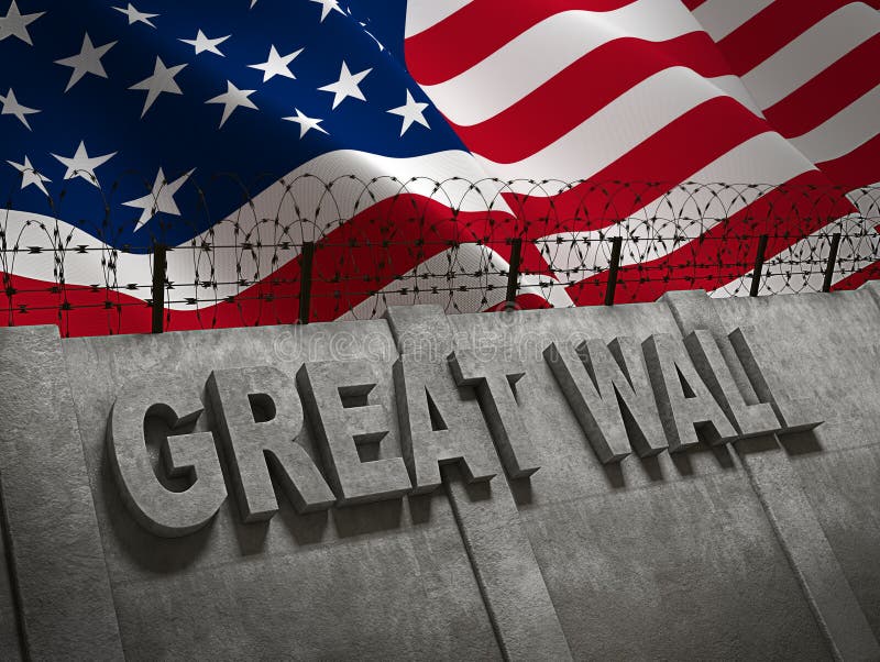 Grand mur de frontière entre l'Amérique et le Mexique avec le drapeau du rendu des Etats-Unis d'Amérique 3D