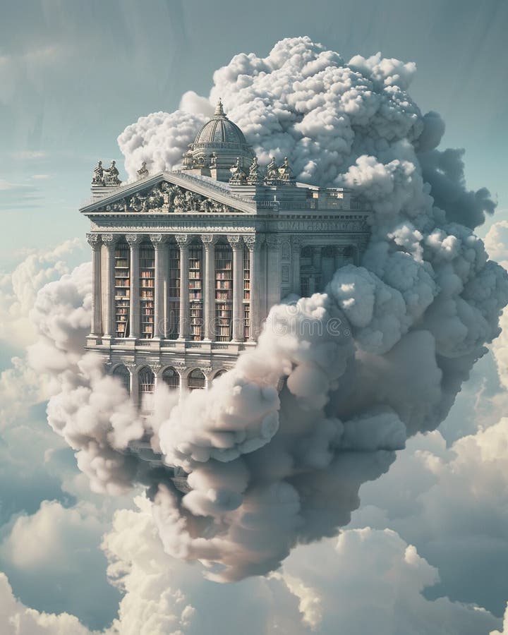 A grand, old library floating atop a cumulus cloud, symbolizing the vast storage of knowledge and data in the cloud , clean sharp royalty free illustration