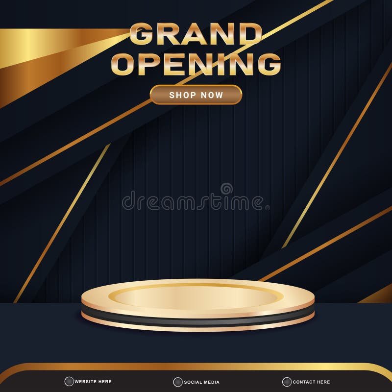 Grand opening banner social media template post with blank space 3d podium for product with abstract black and golden gradient royalty free illustration