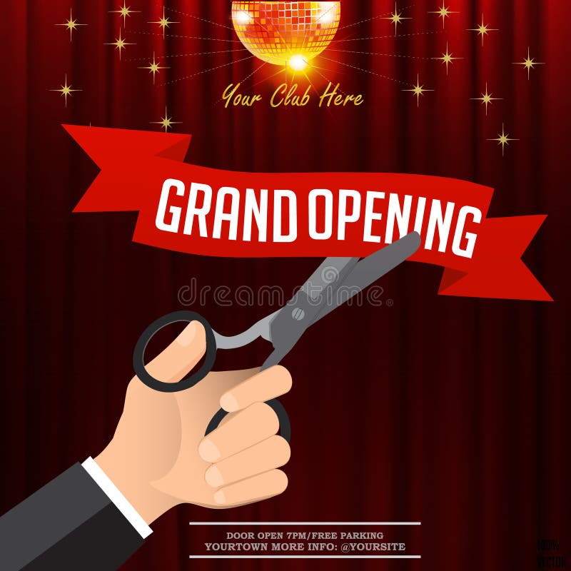Grand Opening Business Banner. Hand Holding Scissors and Cutting Red Ribbon  on Curtains Background Stock Vector - Illustration of element,  congratulation: 136237982