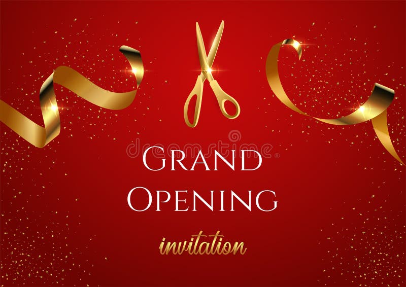 Gold Scissors Cut Red Ribbon. Grand Opening, Vectors