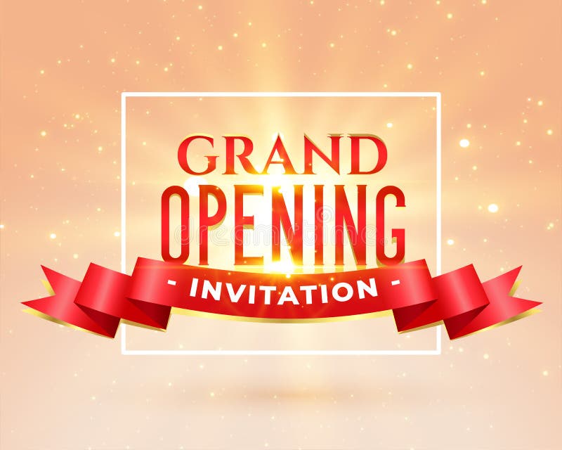 Grand Opening Invitation Design with Gold Ribbons, Crown Stock Vector