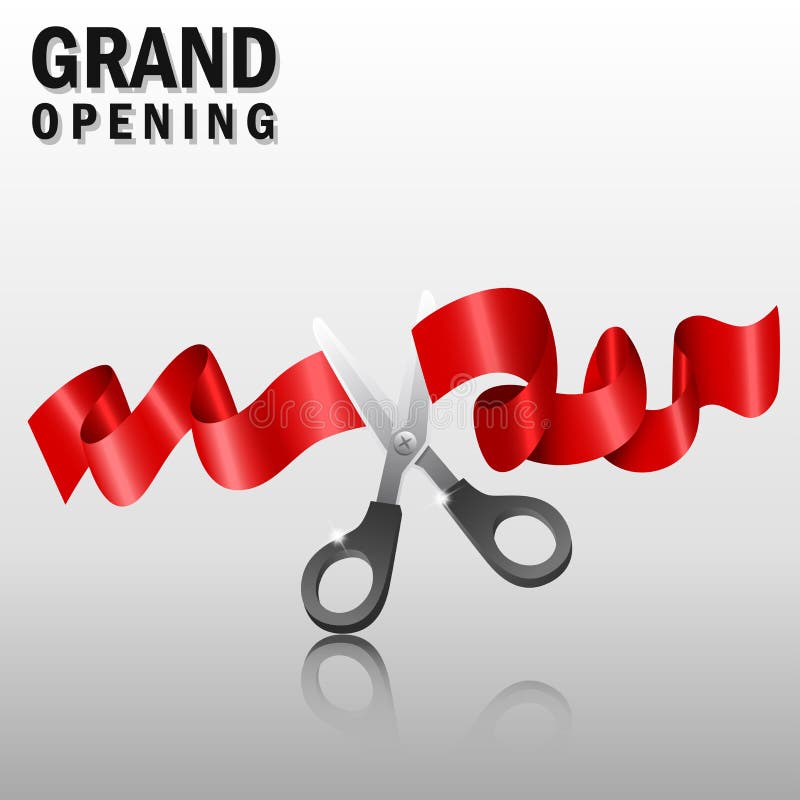 Grand Opening Design Template With Ribbon And Scissors. Grand Open