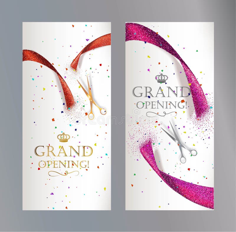 Grand Opening vertical banners with abstract red and pink ribbon and scissors stock illustration Grand Opening vertical banners with abstract red and pink ribbon and scissors stock illustration