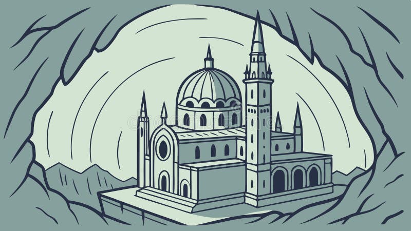 Grand palace or cathedral structure inside a majestic cave, vector design Generative AI stock illustration