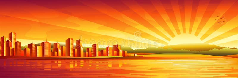 Grand panorama de coucher du soleil de ville illustration de vecteur Grand panorama de coucher du soleil de ville illustration de vecteur