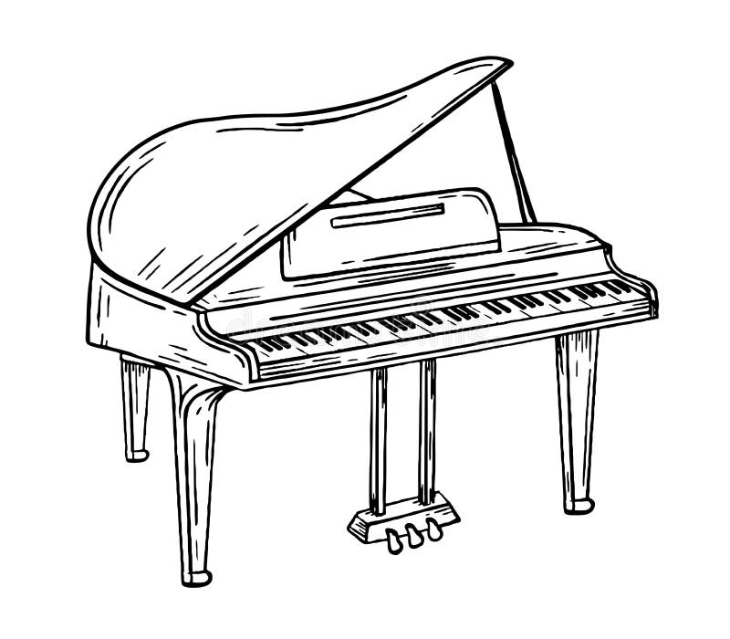 Grand Piano Musical Instrument Style Hand Drawn. Vector Black and White ...