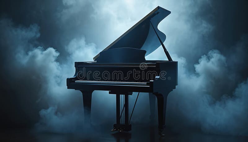 Grand piano surrounded by smoke. Black grand piano with open lid illuminated. Music, performance, art concepts. Dramatic, moody