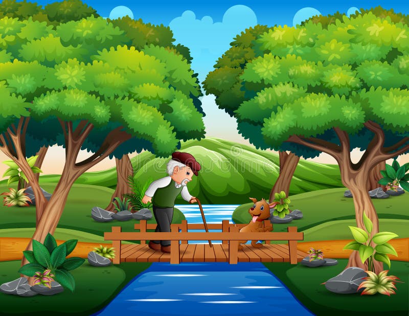 Grand-père avec son chien traversant un pont de bois illustration libre de droits