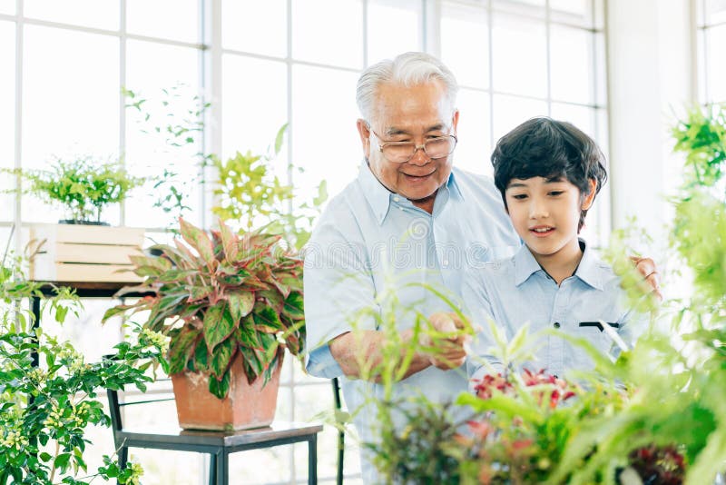 Grand-père de la retraite asiatique et son petit-fils passent du temps de qualité ensemble, isolés à la maison. prendre soin des p image stock