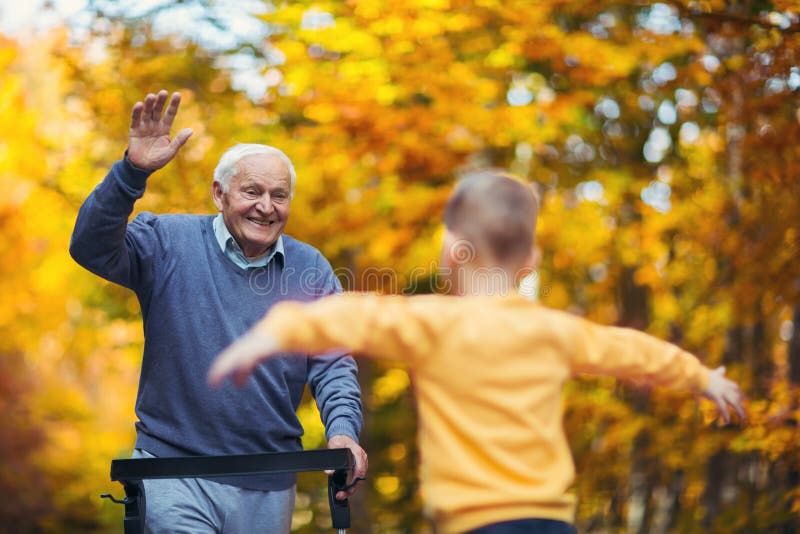 Grand-père handicapé gai dans le marcheur souhaitant la bienvenue à son petit-fils heureux images libres de droits Grand-père handicapé gai dans le marcheur souhaitant la bienvenue à son petit-fils heureux images libres de droits