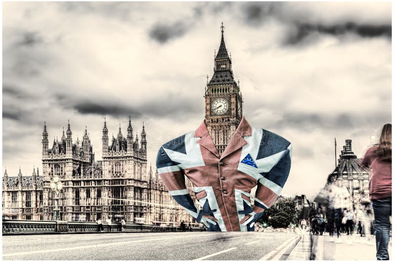 Grand seigneur Ben s'est habillé dans un drapeau de l'affaire brexit de l'Angleterre avec de l'Eu ou non s'occupe le Royaume-Uni image stock