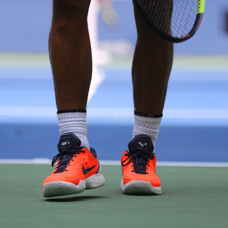 Grand Slam Champion Rafael Spain Custom Nike Tennis Shoes during US Open 2018 Editorial Photography - of professional, players: 135072092