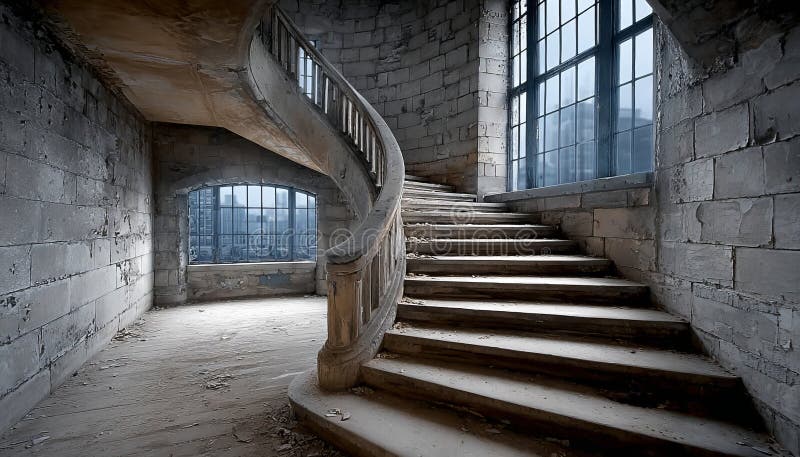 Grand Stone Staircase in an Old Historic Building With Natural Light Streaming Through Windows stock illustration