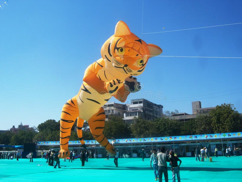 Grand Tiger Kite au festival international de cerf-volant, Ahmedabad photographie stock libre de droits Grand Tiger Kite au festival international de cerf-volant, Ahmedabad photographie stock libre de droits