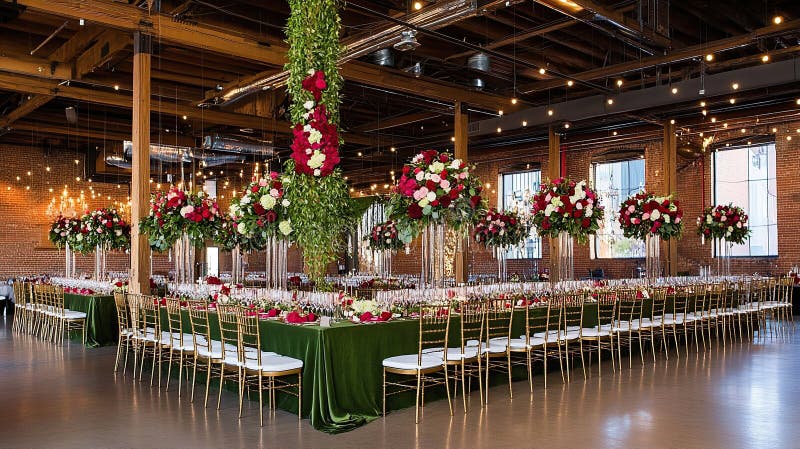 Grand wedding reception, industrial loft, floral decor, long table, event stock photography