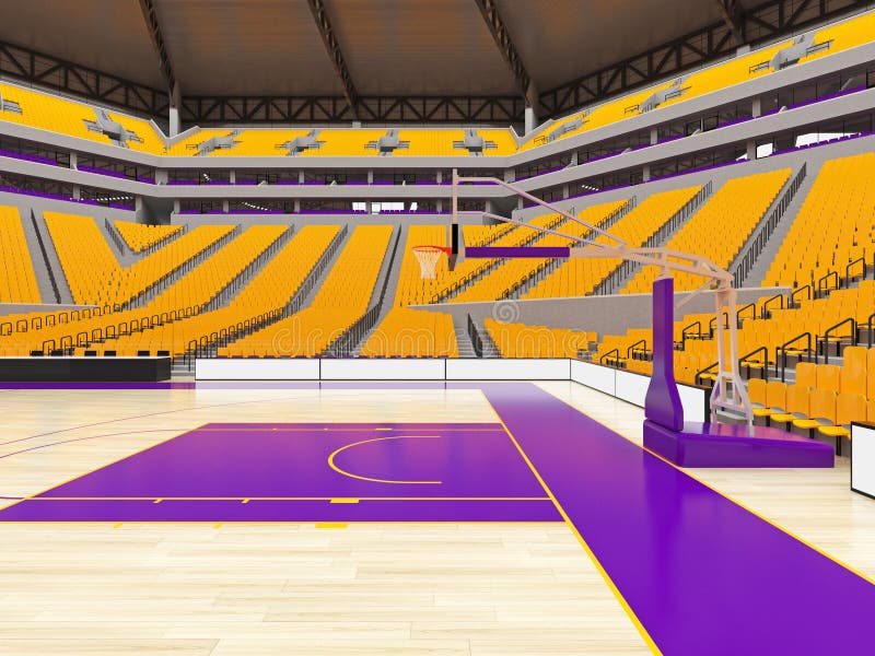 3D render of beautiful sports arena for basketball with floodlights , VIP boxes and yellow seats for twenty thousand fans with two levels of stands. 3D render of beautiful sports arena for basketball with floodlights , VIP boxes and yellow seats for twenty thousand fans with two levels of stands